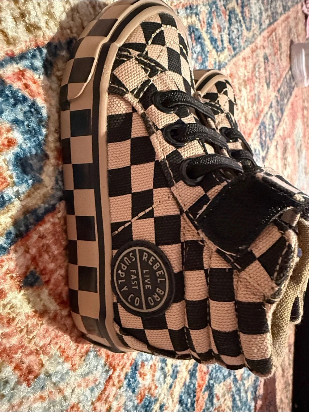 Kids Checkerboard High-Top Sneakers in Beige and Black - Youth Casual Shoes